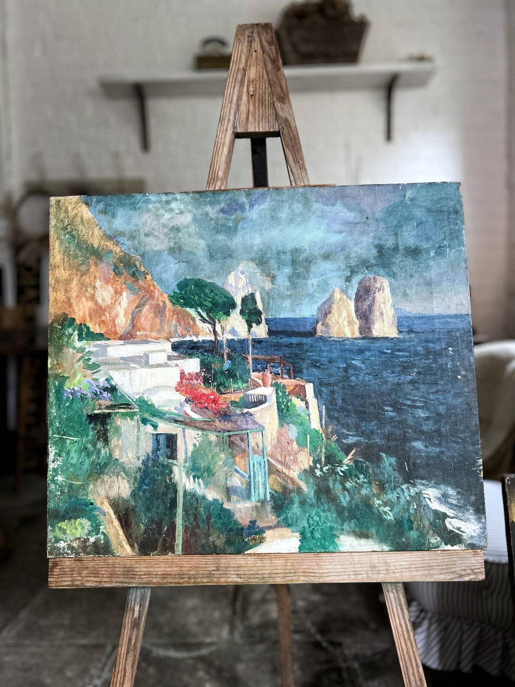 Vintage Mediterranean landscape oil painting on canvas coastal view