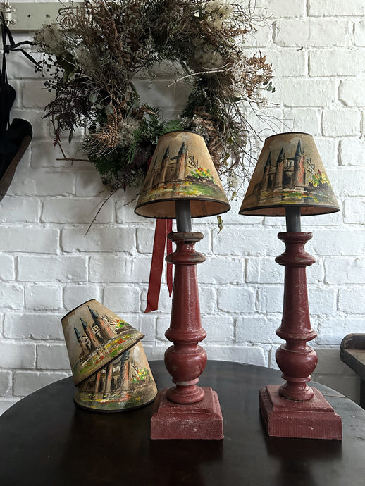 4 French vintage hand painted chateau scene parchment candle lamp shades