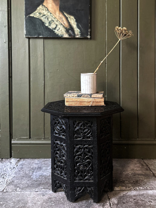 Anglo Indian Carved hexagonal hard wood padouk side table