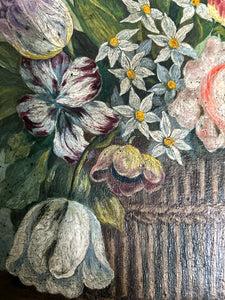 Antique 19th Century Dutch school style still life  floral flowers oil painting on stretched canvas.
