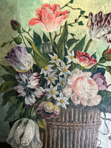 Antique 19th Century Dutch school style still life  floral flowers oil painting on stretched canvas.