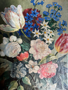 Antique 19th Century Dutch school style still life  floral flowers oil painting on stretched canvas on table