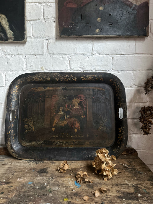 Antique 19th Century hand painted metal toleware tray Renaissance revival style