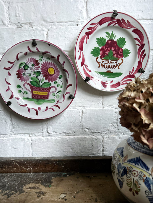 Antique Digion Sarreguemines French hand painted plates with original metal wall hanging mechanism