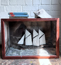 Load image into Gallery viewer, Antique Diorama white schooner with seascape &amp; lighthouse coastal scene