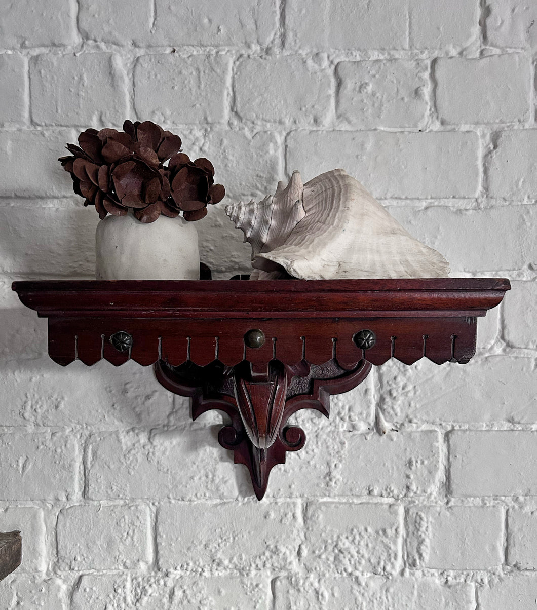 Antique English 19th Century mahogany hand carved wall bracket corbel with shelf