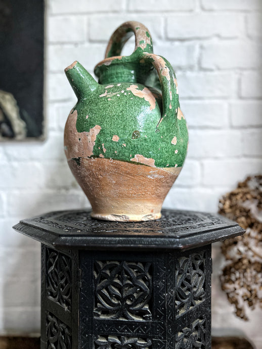 Antique French 19th Century green glazed terracotta cruche jug