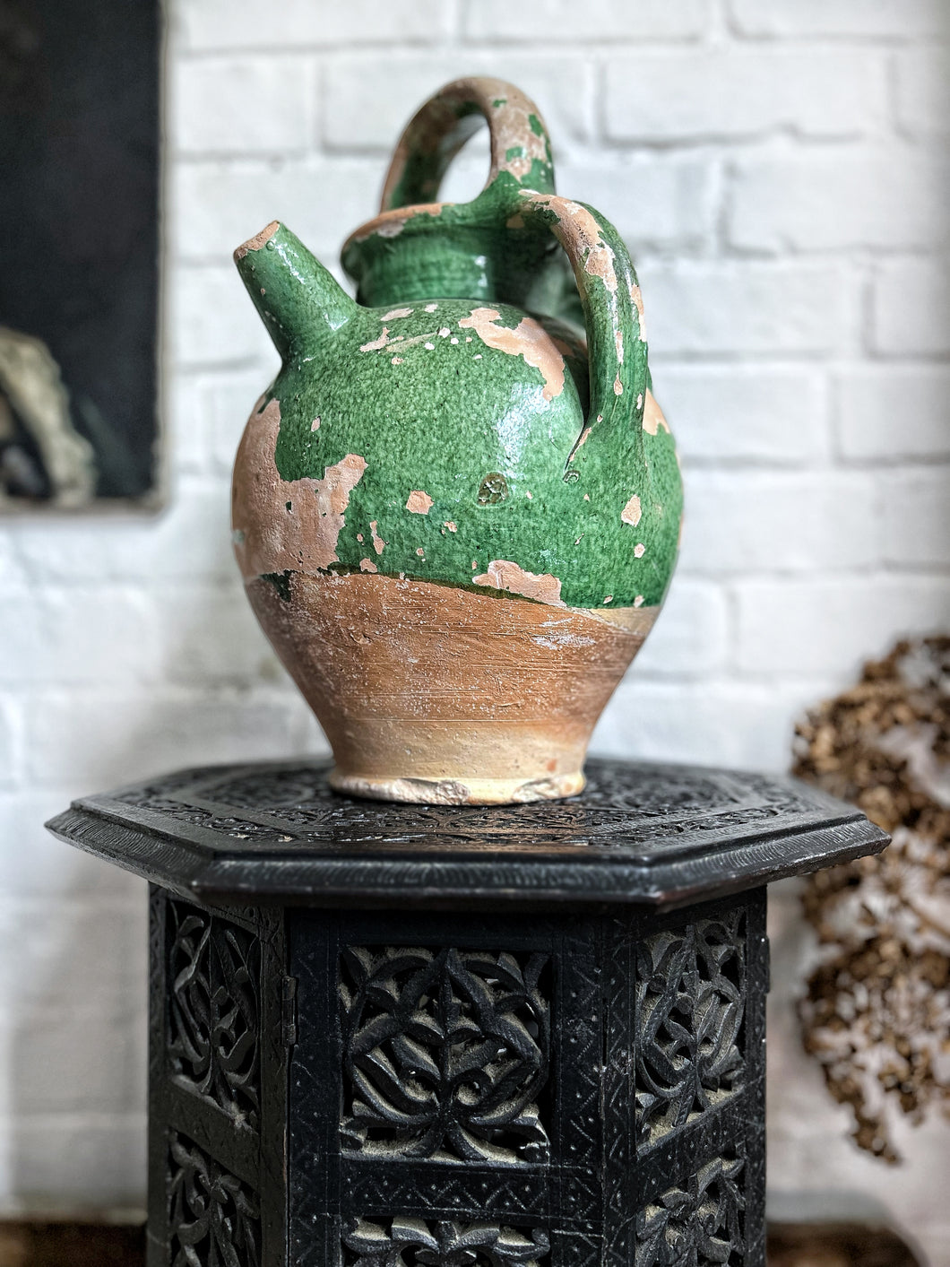 Antique French 19th Century green glazed terracotta cruche jug
