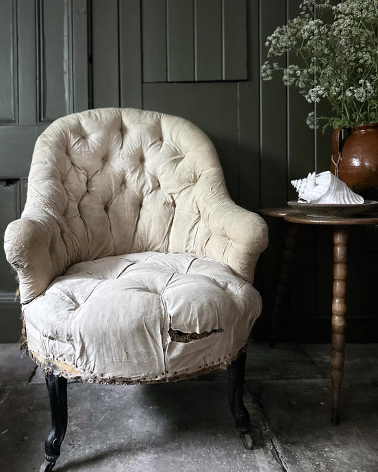 French antique 19th Century Napoleon III deconstructed deep button back salon chair