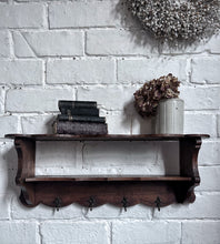 Load image into Gallery viewer, Antique French dark wooden Fleur De Lys coat rack with shelf