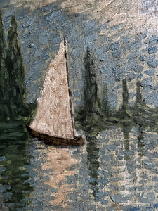 Antique French impressionist oil painting on canvas impasto texture Sur le Seine Signed