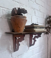 Load image into Gallery viewer, Antique French wooden curved small shelf with decorative painted brackets 