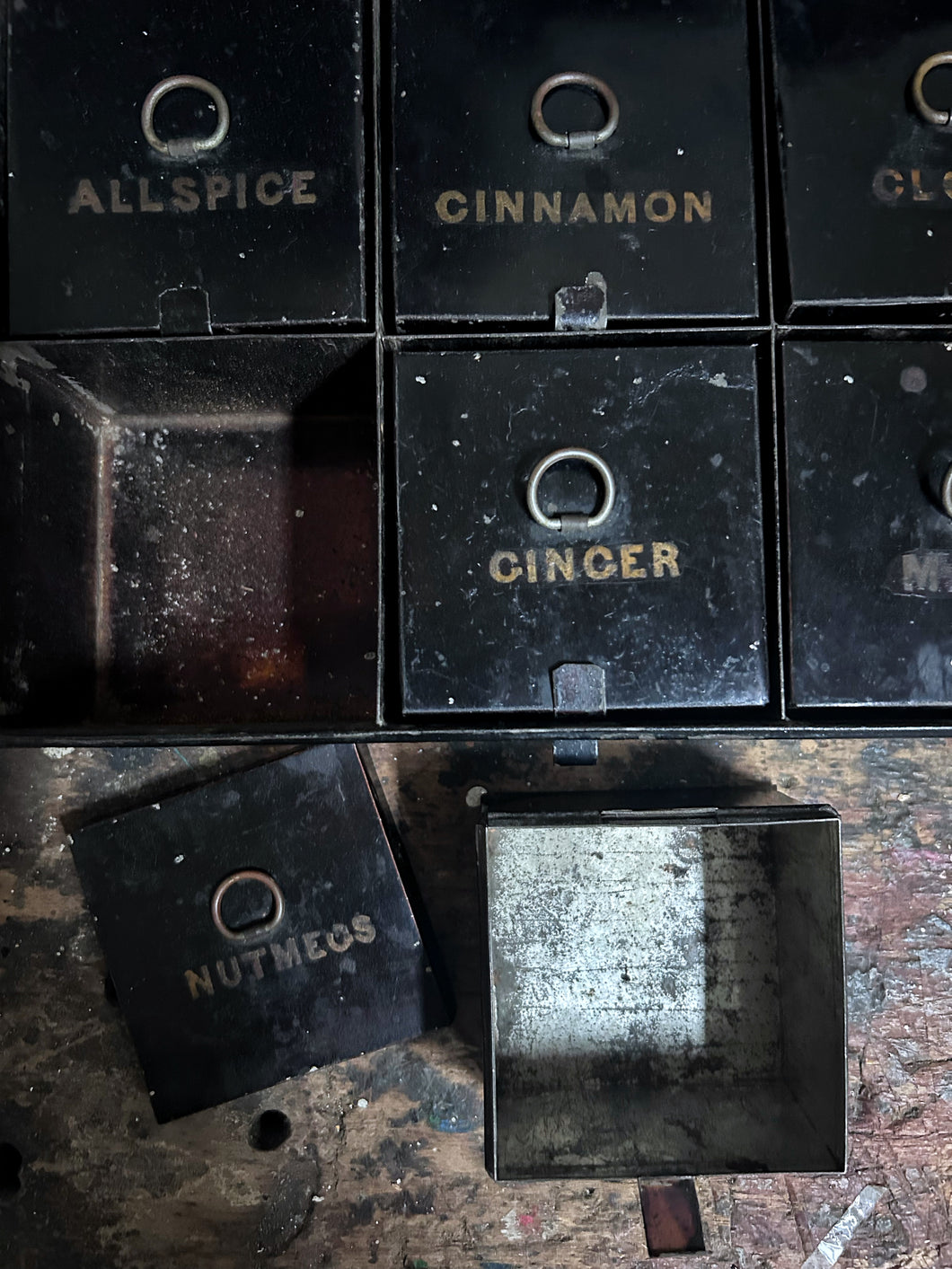 Antique Georgian black Toleware metal spice box