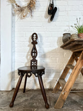 Load image into Gallery viewer, Antique Gothic revival style dark wood carved spinning chair