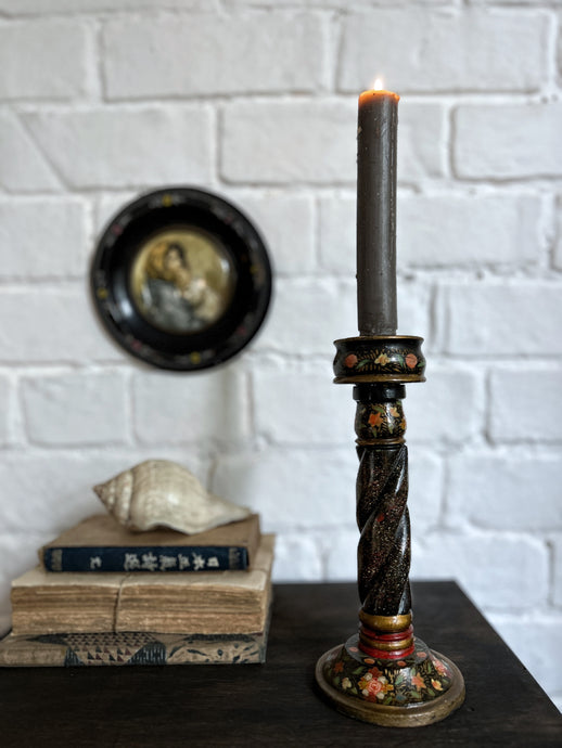 Antique Kashmiri Indian candlestick hand painted lacquered floral decoration