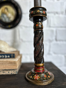 Antique Kashmiri Indian candlestick hand painted lacquered floral decoration