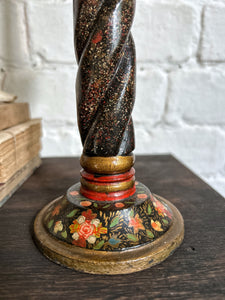 Antique Kashmiri Indian candlestick hand painted lacquered floral decoration