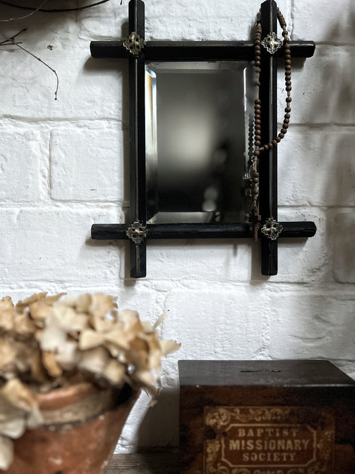 Antique Victorian black wooden Oxford cross mirror