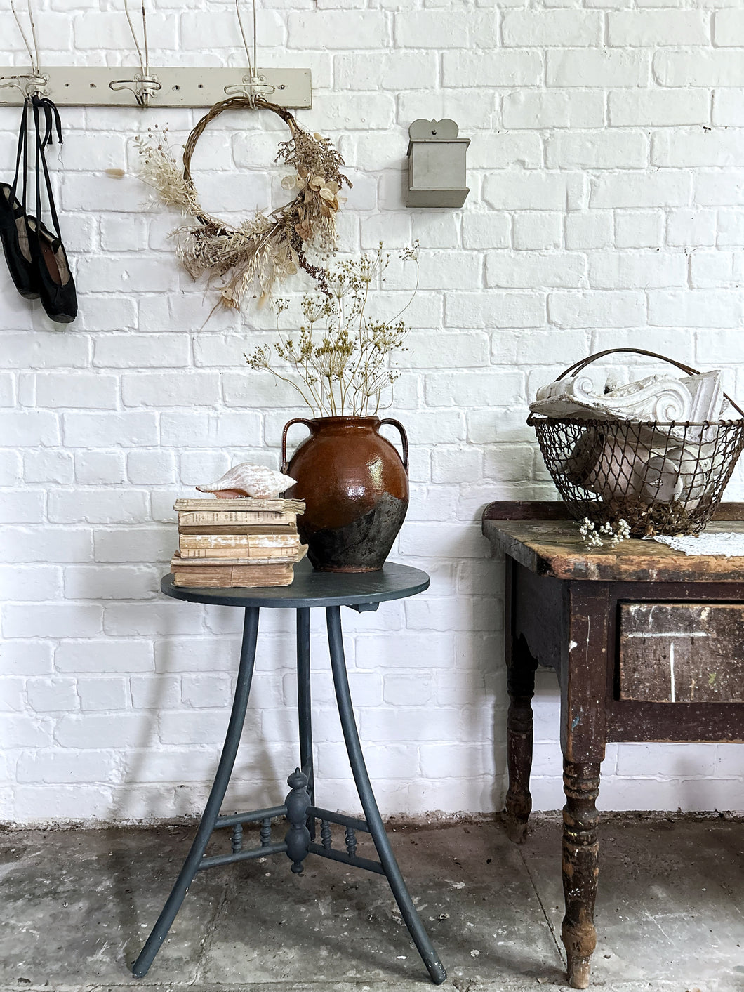 Antique Victorian decorative wooden side table painted blue