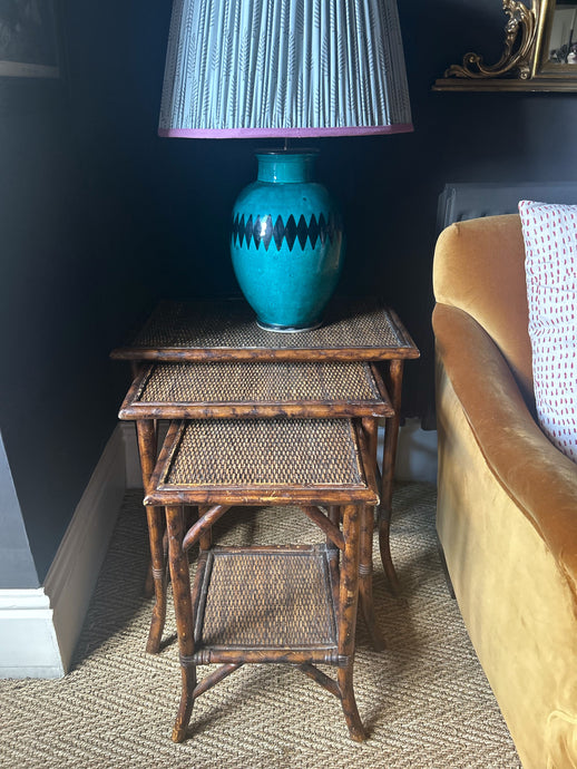 Antique Victorian tiger bamboo nest of three tables
