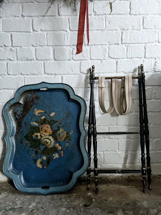 Antique Victorian toleware blue floral decorative metal tray table on folding stand