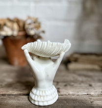 Load image into Gallery viewer, Antique Victorian white glazed Parian porcelain pottery childs hand clasping a sea shell