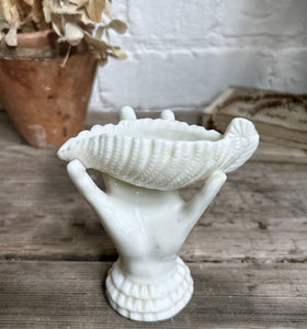 Antique Victorian white glazed Parian porcelain pottery childs hand clasping a sea shell