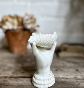 Antique Victorian white glazed Parian porcelain pottery childs hand clasping a sea shell