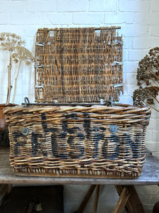 Antique Wicker Laundry Mill Basket with stencilled front