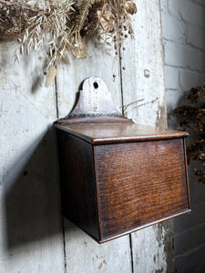 Antique 18th century Georgian Oak slope top candle salt box with leather hinge