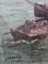 Load image into Gallery viewer, Antique signed &amp; dated 1920 sailor boats seascape oil painting on canvas