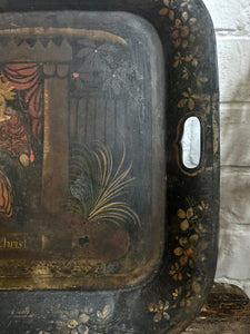 Antique 19th Century hand painted metal toleware tray Renaissance revival style
