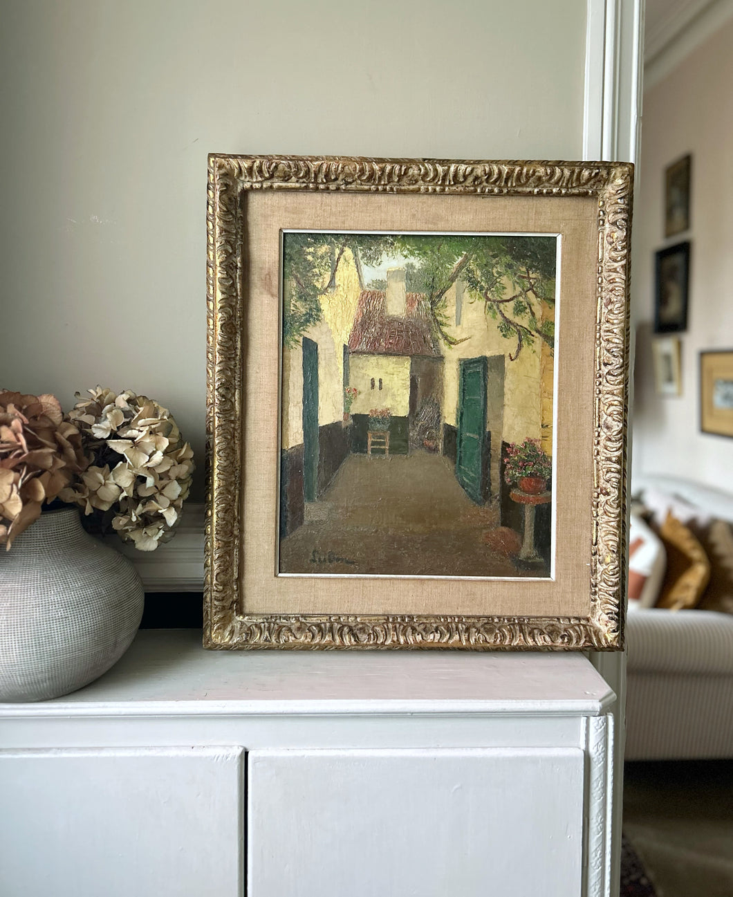 Antique 19th Century Belgium landscape oil painting in original gilt frame