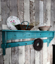 Load image into Gallery viewer, Antique Country house solid wood kitchen shelf original turquoise paint with hooks &amp; 4 drawers
