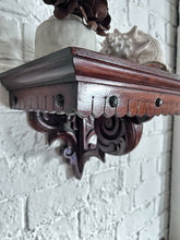 Load image into Gallery viewer, Antique English 19th Century mahogany hand carved wall bracket corbel with shelf