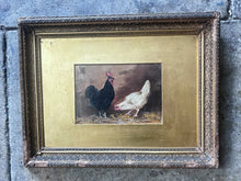 Load image into Gallery viewer, Antique  19th Century Farmyard scene hens roosters oil on board signed &amp; dated 1875 