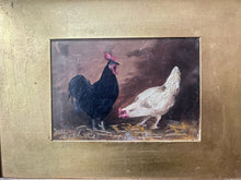 Load image into Gallery viewer, Antique 19th Century Farmyard scene hens roosters oil on board signed &amp; dated 1875