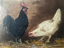 Load image into Gallery viewer, Antique 19th Century Farmyard scene hens roosters oil on board signed &amp; dated 1875