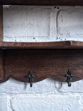 Load image into Gallery viewer, Antique French dark wooden Fleur De Lys coat rack with shelf