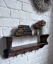 Load image into Gallery viewer, Antique French dark wooden Fleur De Lys coat rack with shelf