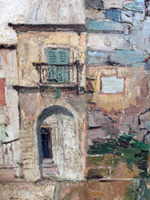 Load image into Gallery viewer, Antique French South of France Provence street scene Square with Fountain oil on canvas painting