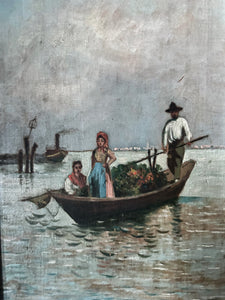 Small Antique Venetian oil painting seascape landscape on wooden panel