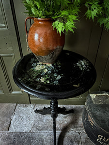 Antique Victorian Papier mache botanical floral top wine table