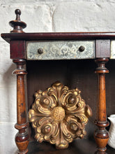 Load image into Gallery viewer, Antique dark wooden wall hanging shelving unit with mercury glass decorative detail