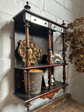 Load image into Gallery viewer, Antique dark wooden wall hanging shelving unit with mercury glass decorative detail