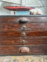 Load image into Gallery viewer, Antique dark wooden watch makers desk top storage drawers
