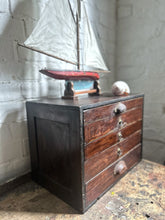 Load image into Gallery viewer, Antique dark wooden watch makers desk top storage drawers