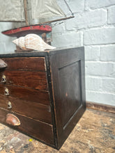 Load image into Gallery viewer, Antique dark wooden watch makers desk top storage drawers