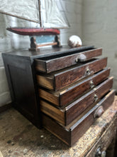 Load image into Gallery viewer, Antique dark wooden watch makers desk top storage drawers