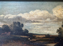 Load image into Gallery viewer, Antique early 19th century oil painting on wooden panel naive primitive farm scene